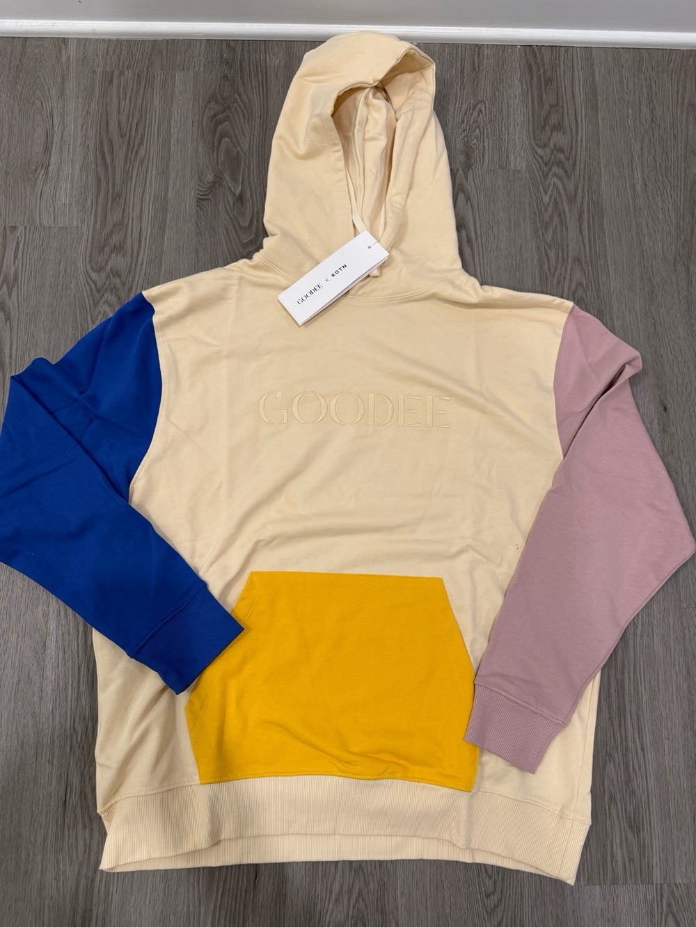 GOODIE Colorblock Hooded Sweatshirt in Cream, Blue, Pink & Yellow